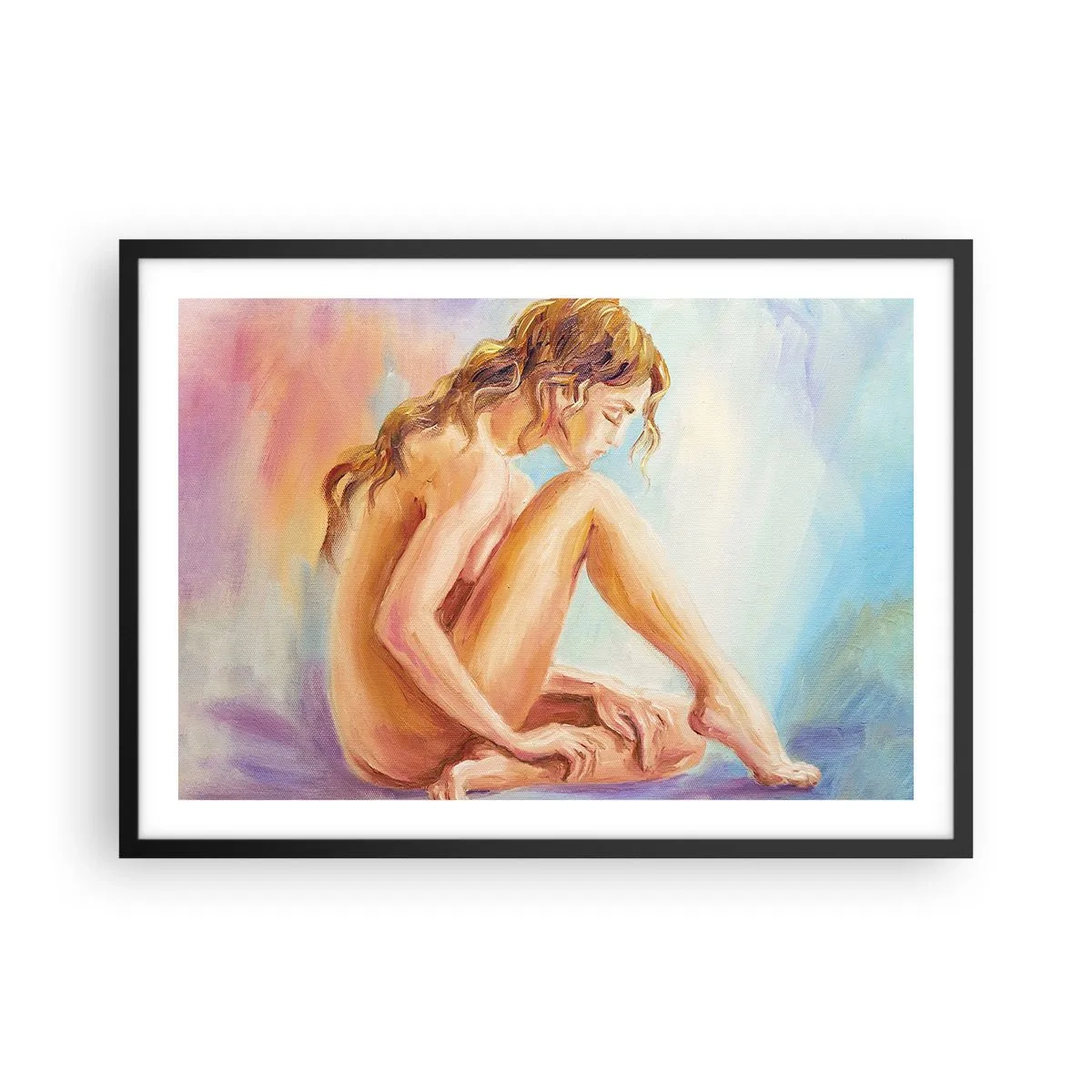 Affiche dans un cadre noir - Poster - Une délicate figure de femme sur un fond pastel - 70x50cm - Acte de jeunesse - Décoration murale moderne pour le salon et la chambre ARTTOR