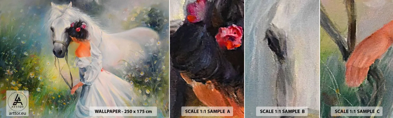 Échantillon de Papier Peint Autocollant Deluxe Sticker - Comme dans un beau rêve - Femme, Cheval, Prairie - 100x30 cm