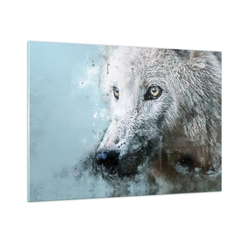 Impression sur verre - Image sur verre - Portrait de loup aux accents artistiques et flous dans des tons de bleu - 100x70cm - Rencontrez l'âme du loup - Décoration murale moderne pour le salon et la chambre ARTTOR