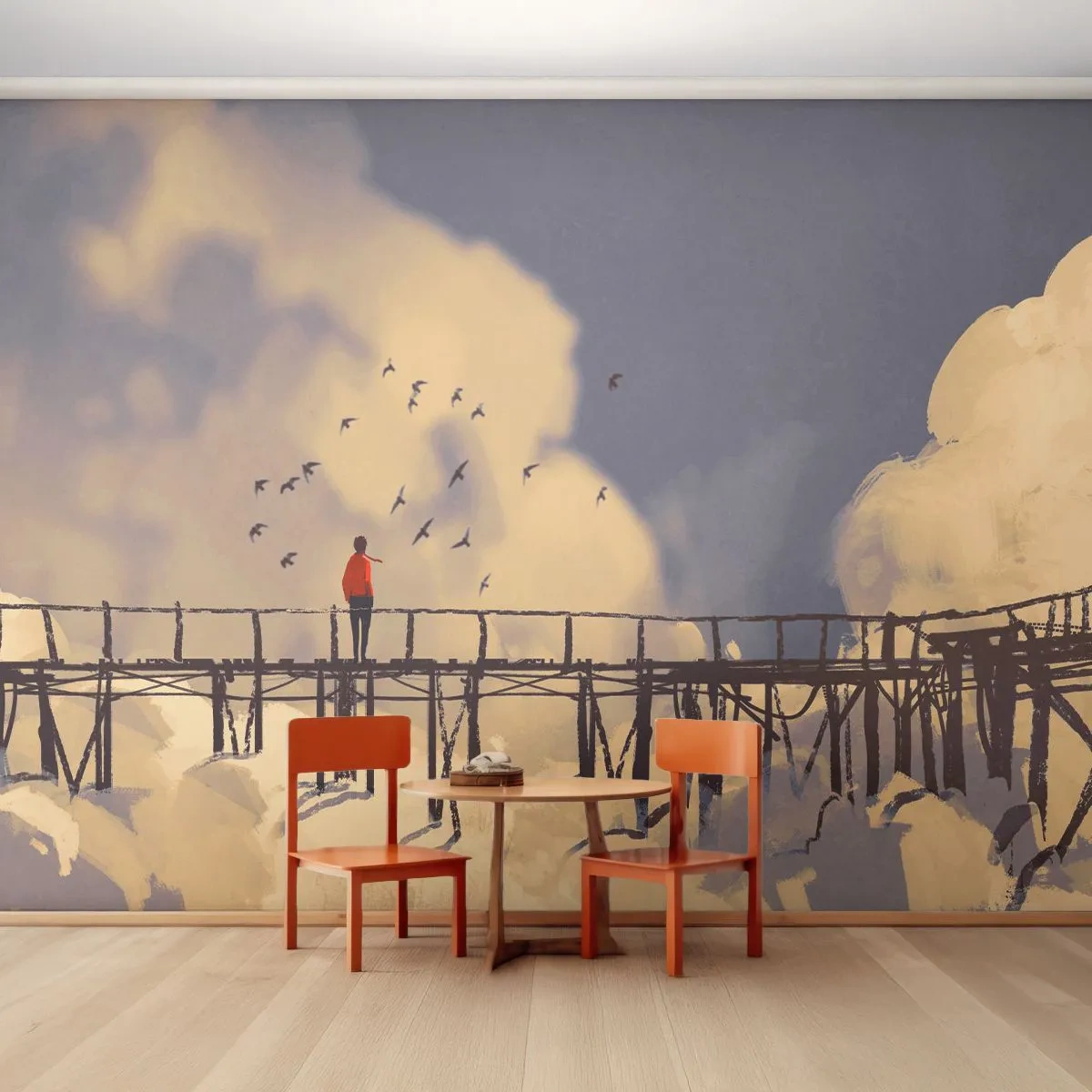 Papier Peint Photo Premium Sand - Personne sur un pont en bois parmi les nuages et les oiseaux - 100x70cm - Bleu nostalgie - Décoration murale moderne pour le salon et la chambre ARTTOR