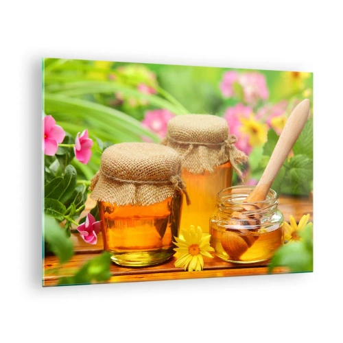Impression sur verre - Image sur verre - Pots de miel sur fond de fleurs dans le jardin - 70x50cm - Doux et fleuri - Décoration murale moderne pour le salon et la chambre ARTTOR