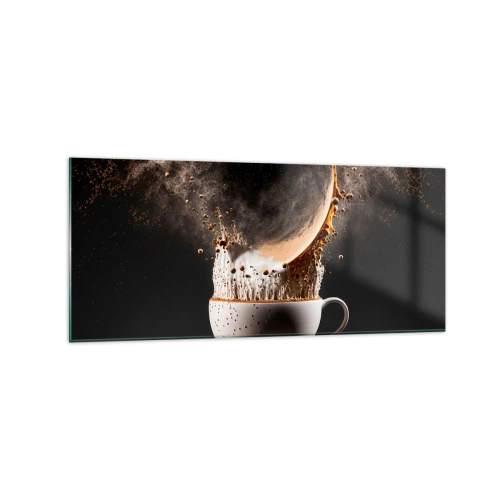 Impression sur verre - Image sur verre - Une tasse de café avec une explosion dynamique de liquide sur fond noir. - 120x50cm - Une explosion de saveur - Décoration murale moderne pour le salon et la chambre ARTTOR