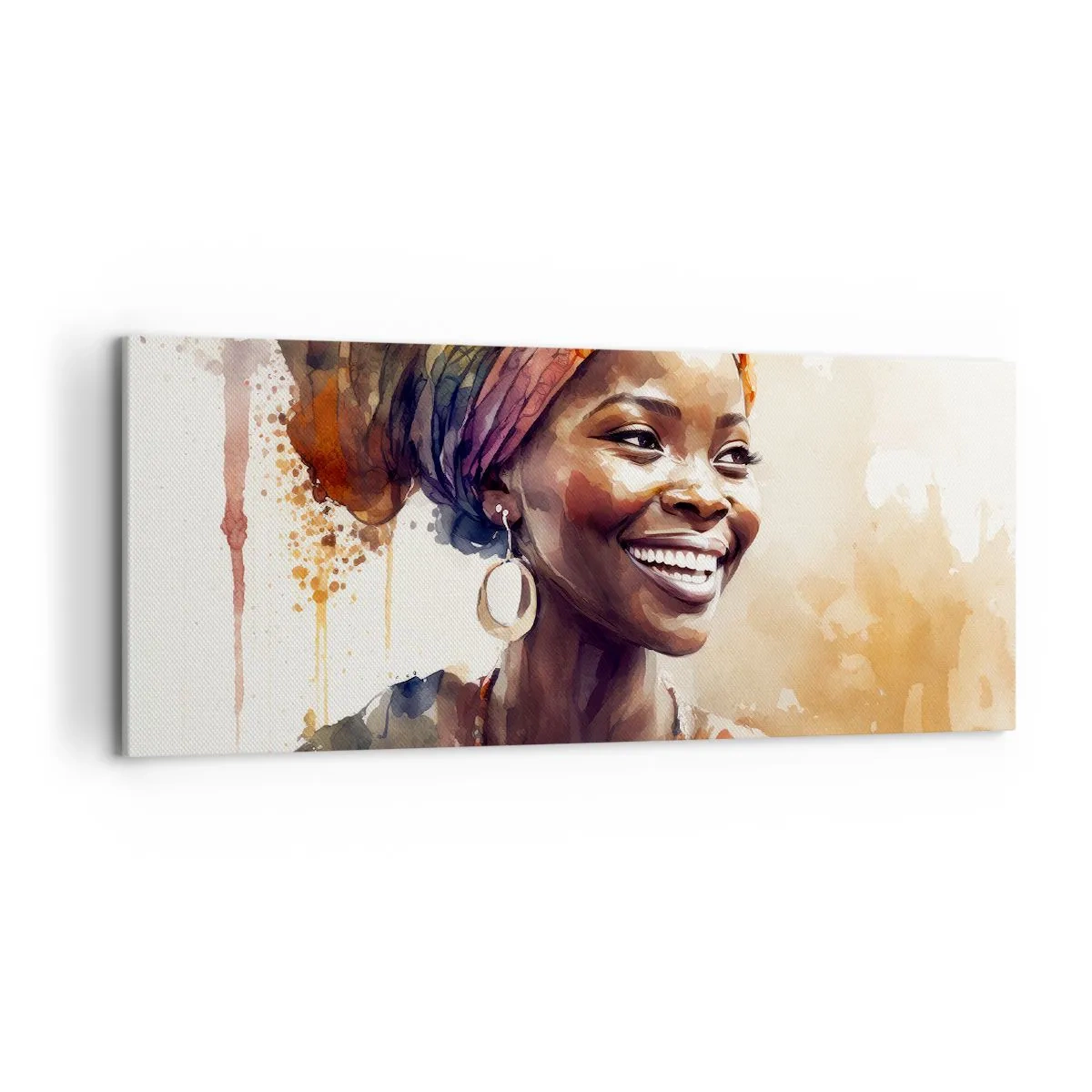 Impression sur toile - Image sur toile - Portrait d'une femme souriante dans un foulard coloré à l'aquarelle - 120x50cm - reine africaine - Décoration murale moderne pour le salon et la chambre ARTTOR