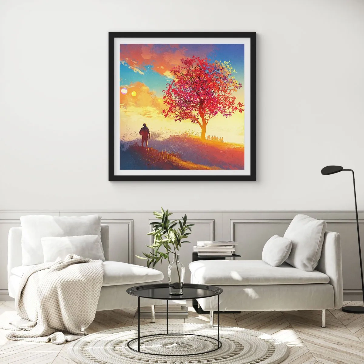 Affiche dans un cadre noir - Poster - Pèlerin à destination - 60x60 cm