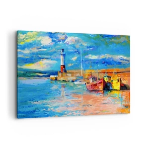 Impression sur toile - Image sur toile - Port de pêche avec bateaux et phare aux couleurs vives - 120x80cm - Un après-midi dans la baie arc-en-ciel - Décoration murale moderne pour le salon et la chambre ARTTOR