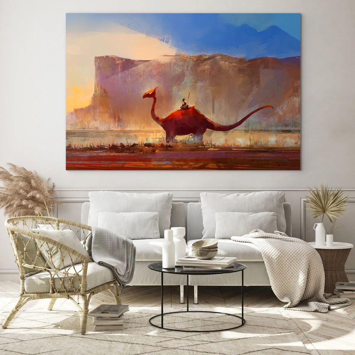 Impression sur verre - Image sur verre - Un paysage fantastique avec un cavalier sur une créature préhistorique - 120x80cm - S'ils n'avaient pas disparu - Décoration murale moderne pour le salon et la chambre ARTTOR