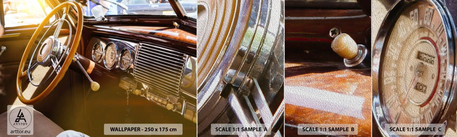Échantillon de Papier Peint Premium Sand - Souffle de luxe venu du passé - Voiture ancienne, Automobile, Tableau de bord - 100x30 cm