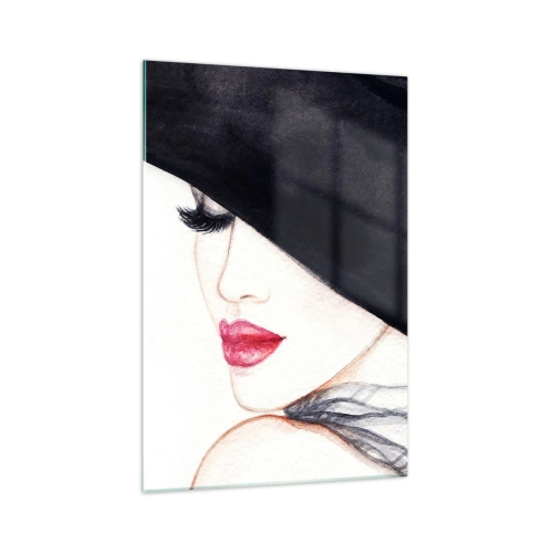 Impression sur verre - Image sur verre - Une illustration subtile d'une femme portant un chapeau noir et des lèvres rouges - 70x100cm - Élégance et sensualité - Décoration murale moderne pour le salon et la chambre ARTTOR
