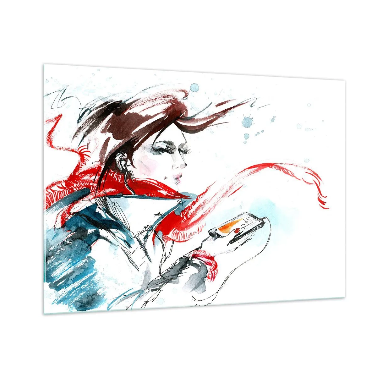 Impression sur verre - Image sur verre - Une femme portant un foulard rouge avec des détails dynamiques et esquissés. - 100x70cm - Quelque chose se passe en moi - Décoration murale moderne pour le salon et la chambre ARTTOR