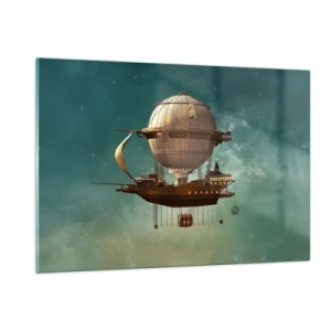 Impression sur verre - Image sur verre - Un dirigeable volant avec une maison de style rétro dans le ciel - 120x80cm - Jules Verne vous salue - Décoration murale moderne pour le salon et la chambre ARTTOR