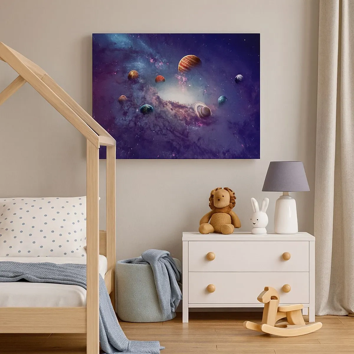 Impression sur toile - Image sur toile - Planètes dans une galaxie avec une nébuleuse en arrière-plan - 70x50cm - Système de danse solaire - Décoration murale moderne pour le salon et la chambre ARTTOR