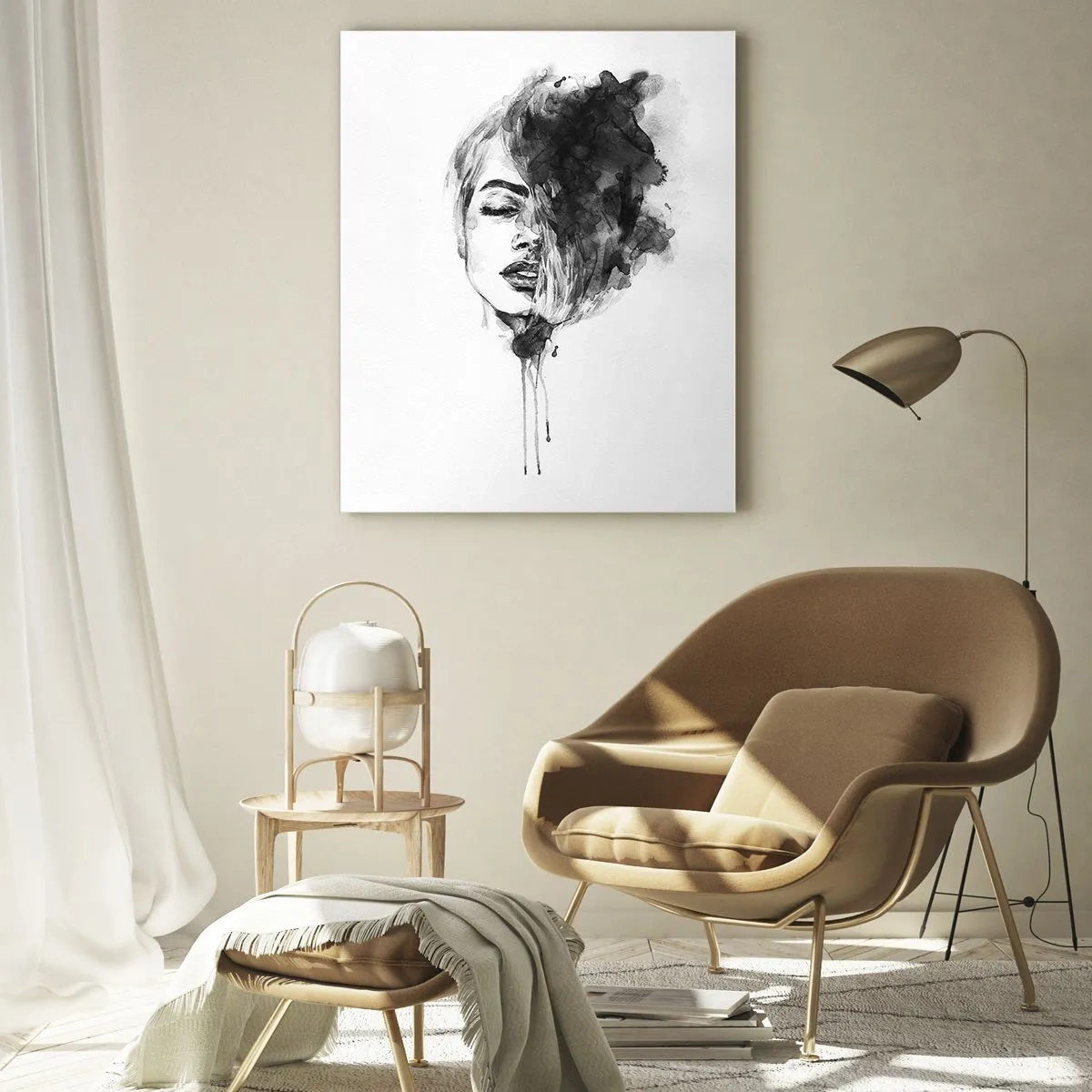 Impression sur verre - Image sur verre - Portrait noir et blanc d'une femme avec une ombre abstraite - 50x70cm - De quoi rêve la fille - Décoration murale moderne pour le salon et la chambre ARTTOR