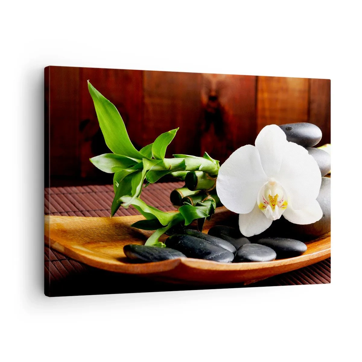 Impression sur toile - Image sur toile - Orchidée blanche avec bambou sur fond de pierre de style zen - 70x50cm - Cédez au contact de la nature - Décoration murale moderne pour le salon et la chambre ARTTOR