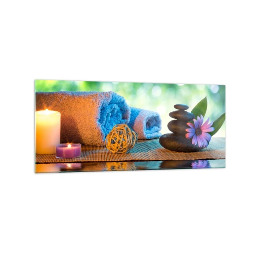 Impression sur verre - Image sur verre - Ensemble SPA relaxant avec serviettes, bougies et pierres - 120x50cm - Temps pour le corps - Décoration murale moderne pour le salon et la chambre ARTTOR