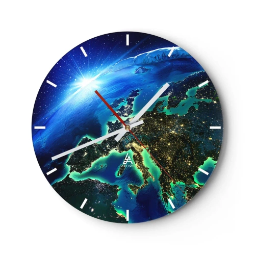 Horloge murale - Pendule murale - Vue de la Terre depuis l'espace avec des villes illuminées - 30x30cm - Europe pétillante - Décoration murale moderne pour le salon, la cuisine et la chambre ARTTOR