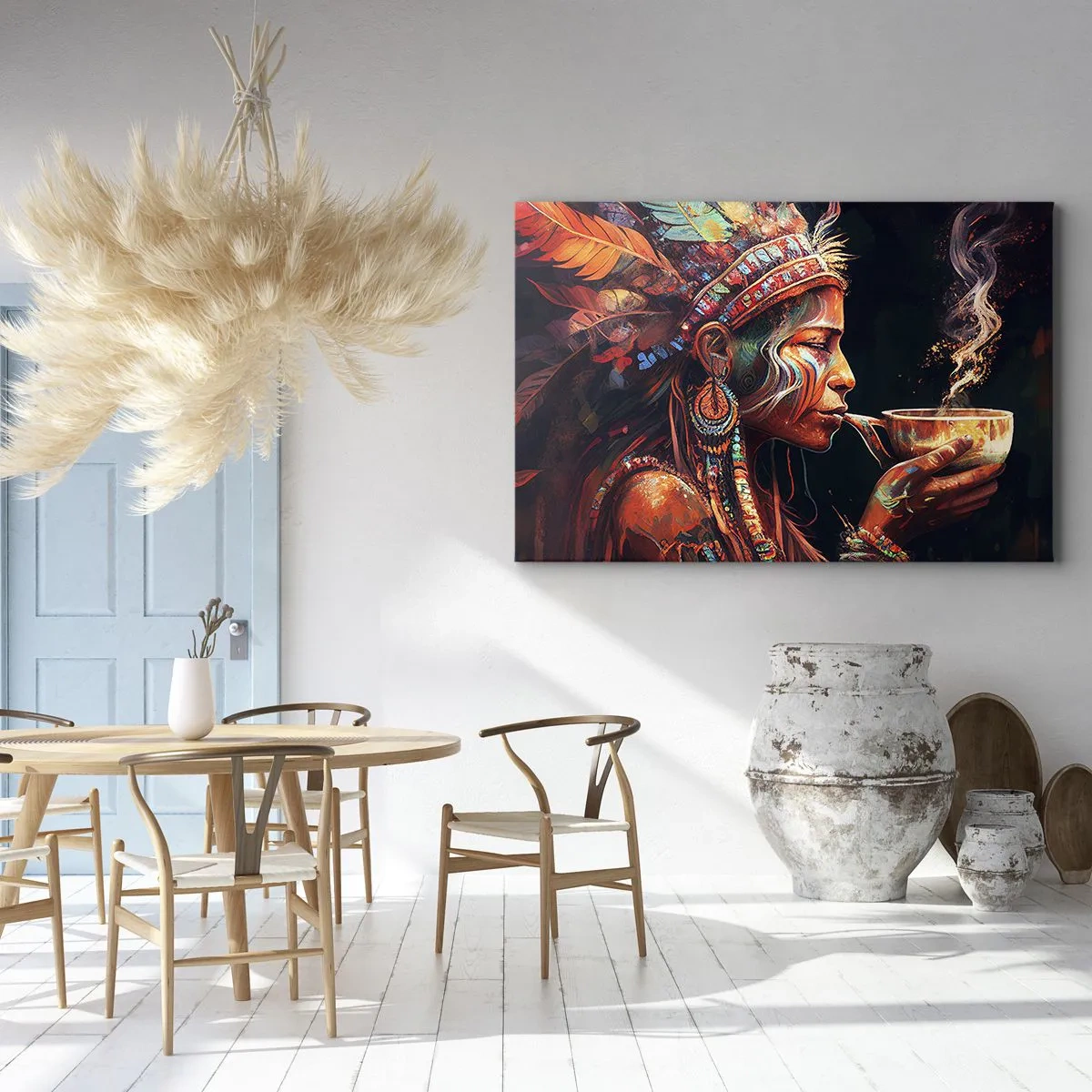 Impression sur toile - Image sur toile - Une figure colorée de style ethnique avec une tasse de boisson fumante - 70x50cm - Rituel magique - Décoration murale moderne pour le salon et la chambre ARTTOR