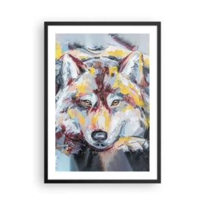 Affiche dans un cadre noir - Poster - Portrait abstrait d'un loup avec des coups de pinceau colorés. - 50x70cm - En paix au milieu des siens - Décoration murale moderne pour le salon et la chambre ARTTOR