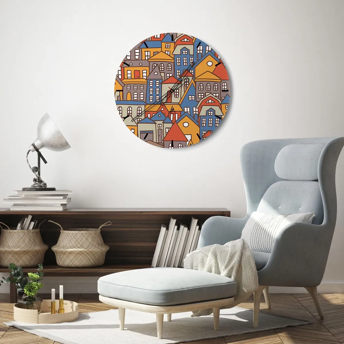 Horloge murale - Pendule murale - Bâtiments colorés dans un style graphique - 30x30cm - Derrière la maison, une maison - Décoration murale moderne pour le salon, la cuisine et la chambre ARTTOR