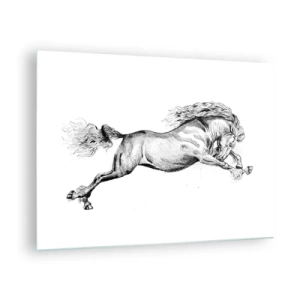 Impression sur verre - Image sur verre - Dessin en noir et blanc d'un cheval au galop - 70x50cm - Immortalisé au galop - Décoration murale moderne pour le salon et la chambre ARTTOR
