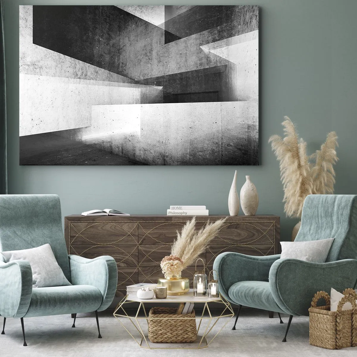 Impression sur toile - Image sur toile - Formes géométriques dans une composition monochrome - 70x50cm - Structure de l'espace - Décoration murale moderne pour le salon et la chambre ARTTOR