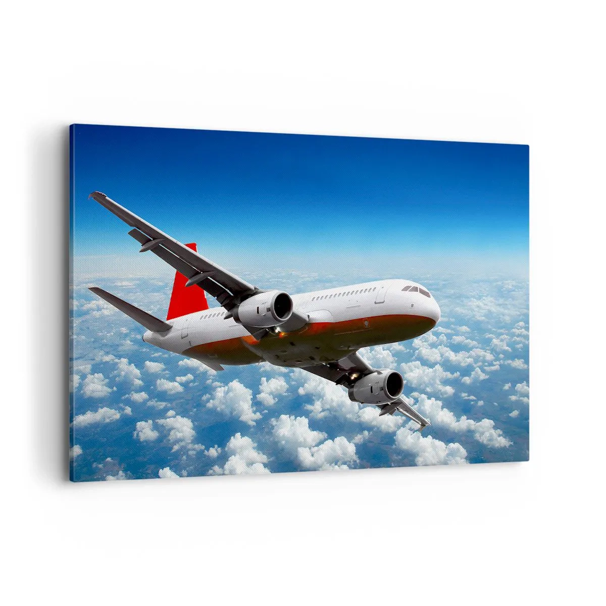 Impression sur toile - Image sur toile - Un avion de ligne volant au-dessus des nuages contre un ciel bleu. - 120x80cm - Éloignez-vous de tout - Décoration murale moderne pour le salon et la chambre ARTTOR