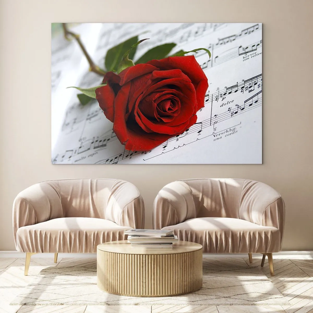 Impression sur verre - Image sur verre - Une rose rouge sur un fond de notes de musique - 120x80cm - Musique des sentiments en écarlate - Décoration murale moderne pour le salon et la chambre ARTTOR