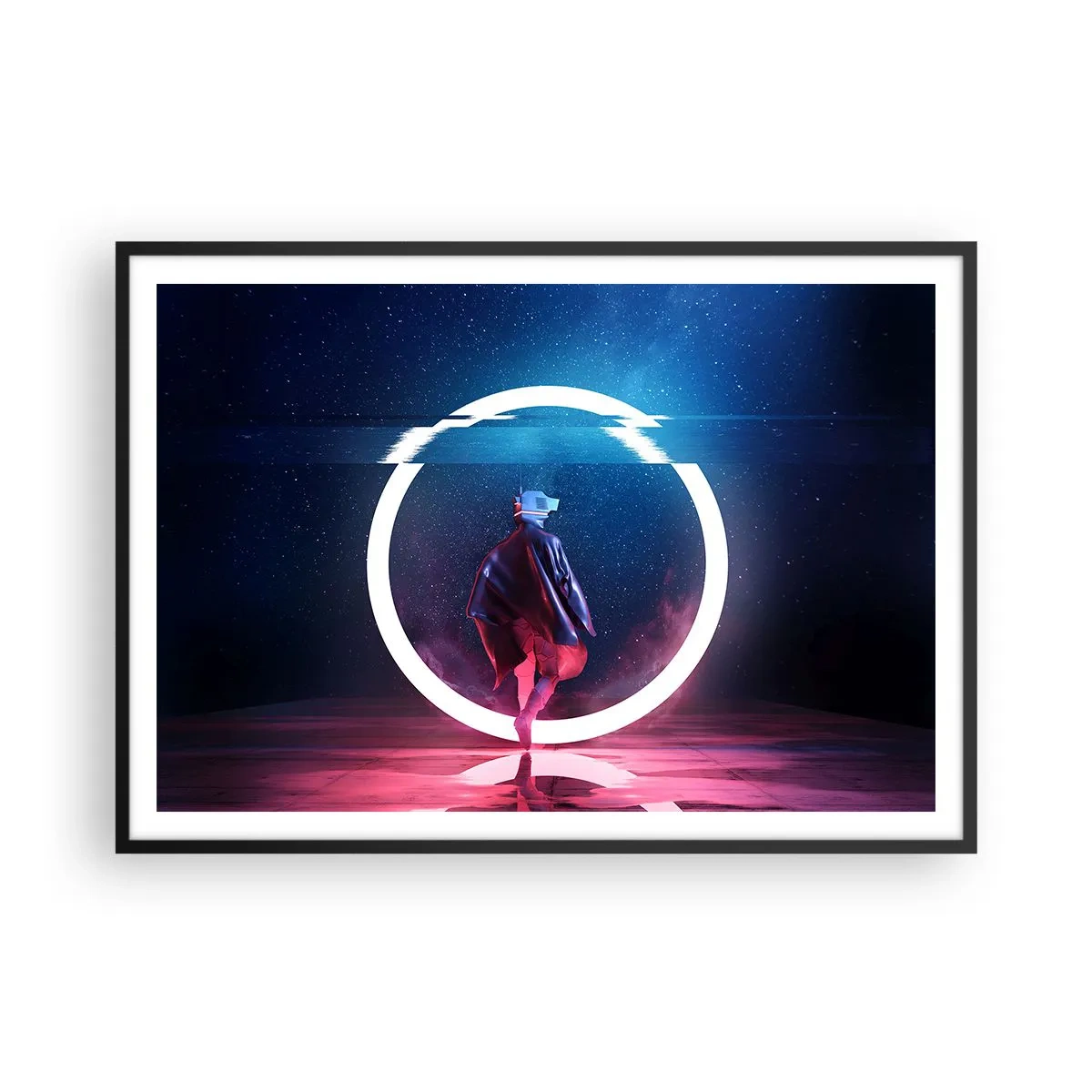 Affiche dans un cadre noir - Poster - Un personnage dans un environnement futuriste avec un cercle de néon - 100x70cm - Entre deux mondes - Décoration murale moderne pour le salon et la chambre ARTTOR