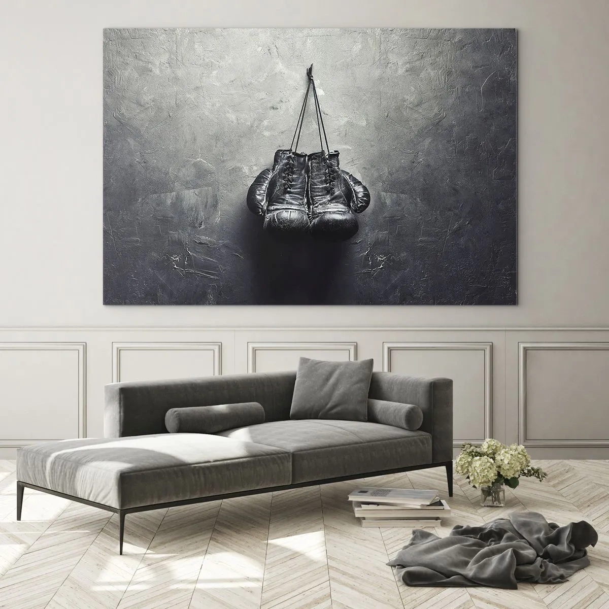 Impression sur verre - Image sur verre - Gants de boxe noirs accrochés au mur - 120x80cm - Un temps pour se battre et un temps pour la paix - Décoration murale moderne pour le salon et la chambre ARTTOR