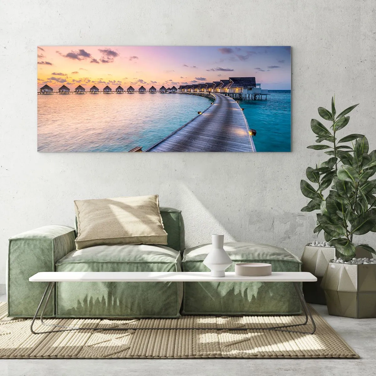 Impression sur verre - Image sur verre - La jetée menant aux chalets au bord de l'eau au coucher du soleil - 120x50cm - Vacances - retour aux sources - Décoration murale moderne pour le salon et la chambre ARTTOR