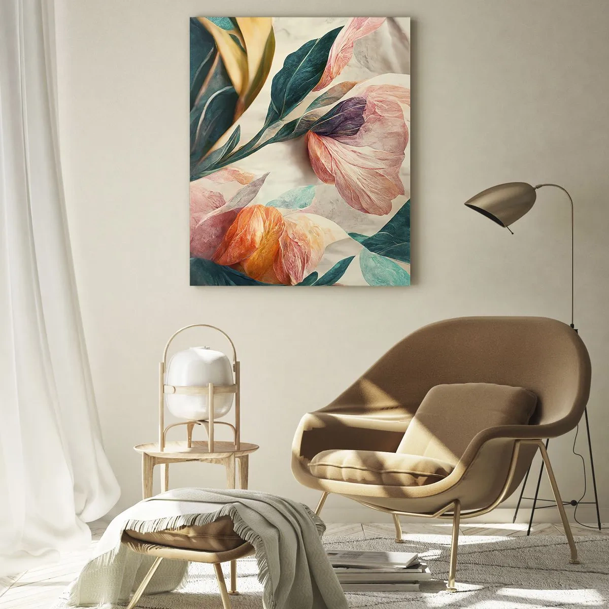 Impression sur verre - Image sur verre - Fleurs et feuilles exotiques aux couleurs pastel dans un style botanique - 50x70cm - Fleurs des îles du sud - Décoration murale moderne pour le salon et la chambre ARTTOR