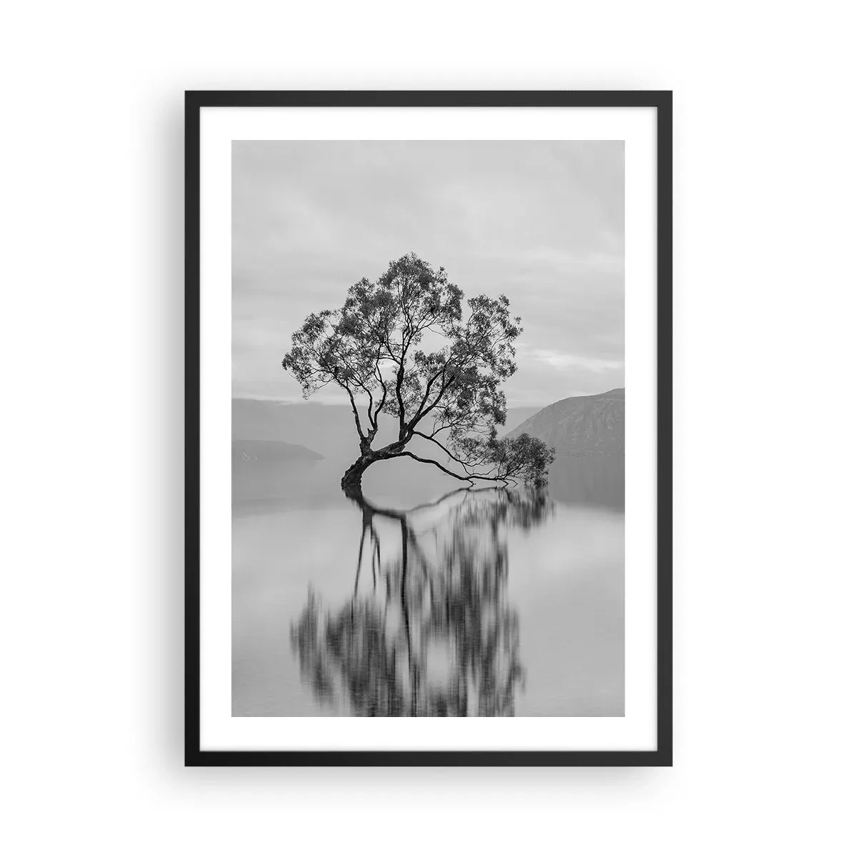 Affiche dans un cadre noir - Poster - Un arbre solitaire se reflète dans l'eau calme - 50x70cm - Un tel pays existe - Décoration murale moderne pour le salon et la chambre ARTTOR