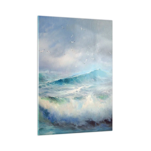 Impression sur verre - Image sur verre - Vagues océaniques agitées avec des oiseaux dans un ciel nuageux - 50x70cm - "Le tourbillon hurlait de triomphe..." - Décoration murale moderne pour le salon et la chambre ARTTOR