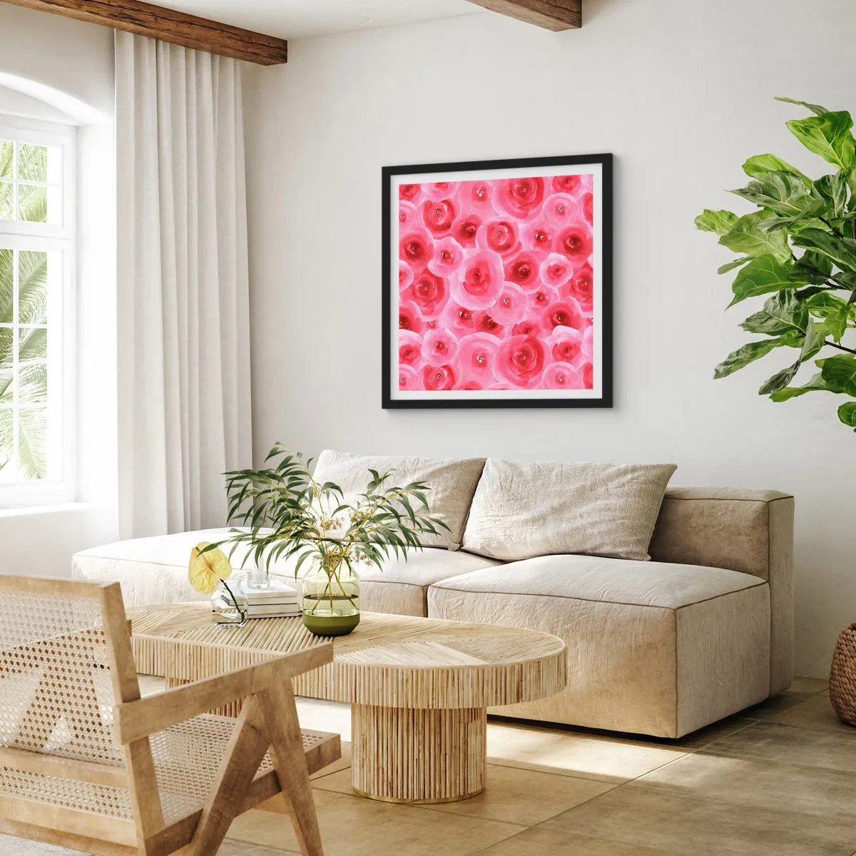 Affiche dans un cadre noir - Poster - Roses en-haut et en-bas - 60x60 cm
