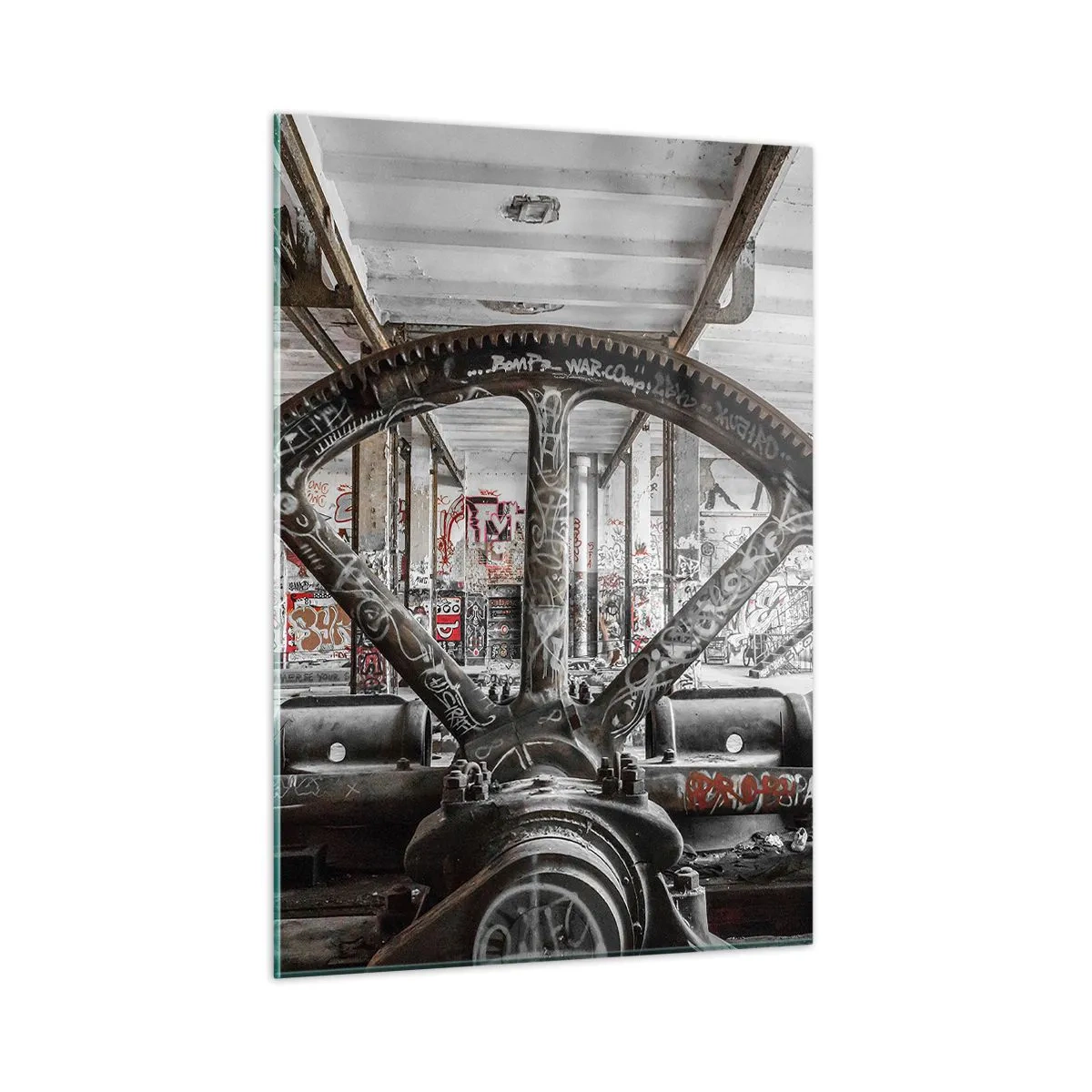 Impression sur verre - Image sur verre - Intérieur industriel historique avec une roue dentée - 50x70cm - Vie secrète d'une usine - Décoration murale moderne pour le salon et la chambre ARTTOR