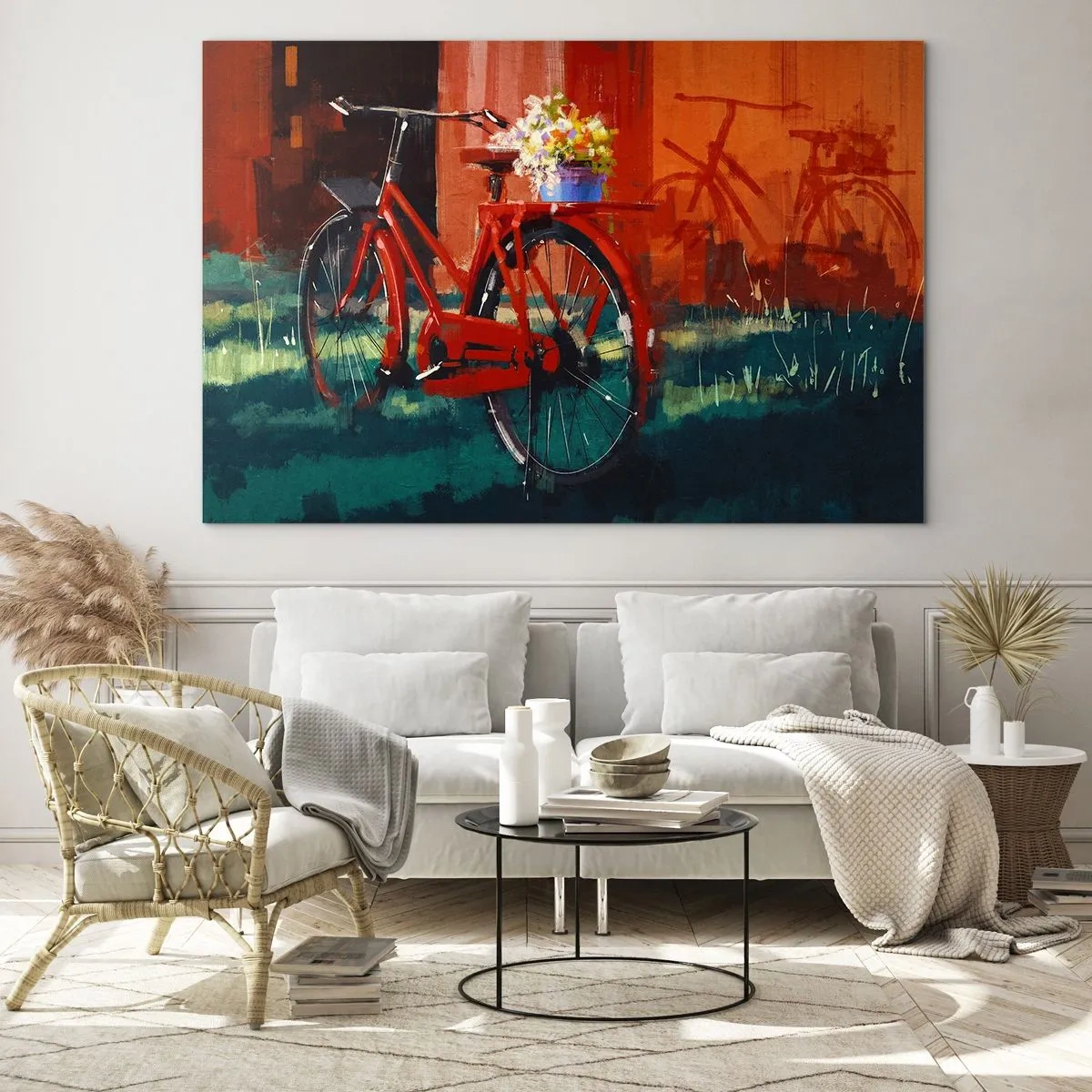 Impression sur verre - Image sur verre - Un vélo rouge avec des fleurs devant un bâtiment rouge - 120x80cm - I want to ride my bicycle - Décoration murale moderne pour le salon et la chambre ARTTOR