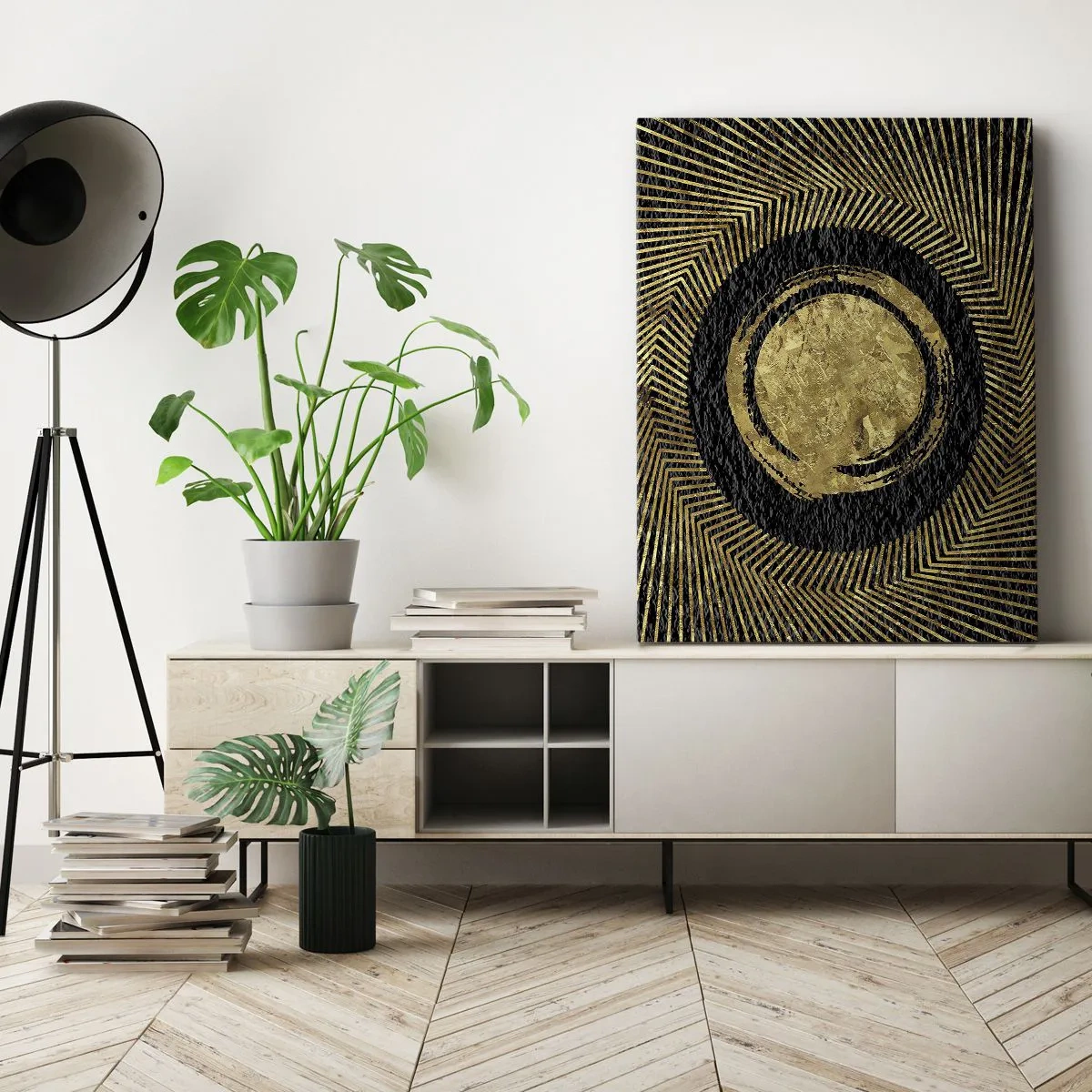Impression sur toile - Image sur toile - Composition géométrique en noir et or avec des rayons - 50x70cm - Composition glamour - Décoration murale moderne pour le salon et la chambre ARTTOR