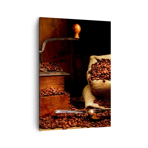 Impression sur toile - Image sur toile - Un vieux moulin à café avec des grains et un sac dans un style rustique. - 50x70cm - Nature morte avec grains de café et moulin - Décoration murale moderne pour le salon et la chambre ARTTOR
