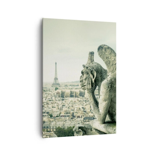 Impression sur toile - Image sur toile - Gargouilles surplombant les toits de Paris et la Tour Eiffel - 70x100cm - Bavardage parisien - Décoration murale moderne pour le salon et la chambre ARTTOR