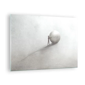 Impression sur verre - Image sur verre - Une silhouette minimaliste d'un homme avec une grosse balle sur un fond clair. - 70x50cm - Jeu de la vie - Décoration murale moderne pour le salon et la chambre ARTTOR