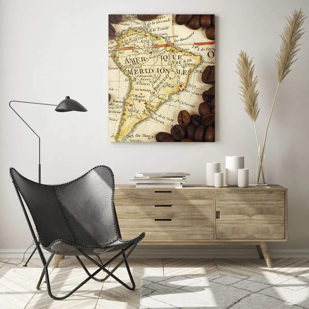 Impression sur verre - Image sur verre - Une carte de l'Amérique du Sud entourée de grains de café. - 50x70cm - D'où vient le meilleur café ? - Décoration murale moderne pour le salon et la chambre ARTTOR