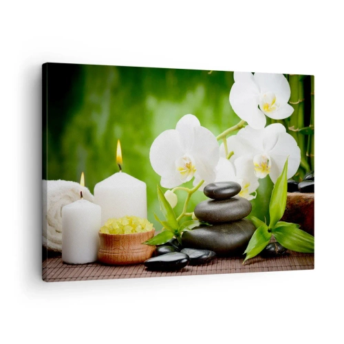 Impression sur toile - Image sur toile - Orchidées, bougies et pierres en pleine nature - 70x50cm - Doux, floral, toucher délicat - Décoration murale moderne pour le salon et la chambre ARTTOR