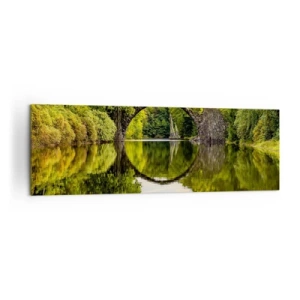 Impression sur toile - Image sur toile - Un pont de pierre sur une rivière avec un reflet parfait dans l'eau - 160x50cm - À la jonction de deux mondes - Décoration murale moderne pour le salon et la chambre ARTTOR