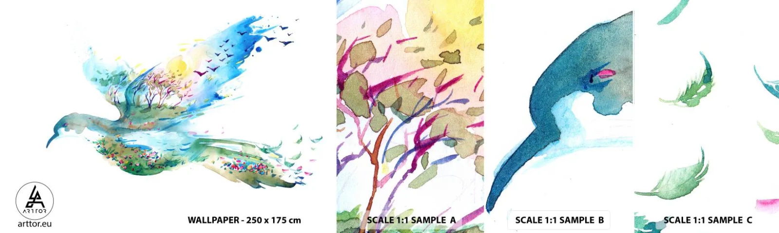 Échantillon De Papier Peint Standard Eco - Sur les ailes de la nature - Abstraction, Oiseau, Paysage d'été - 100x30 cm