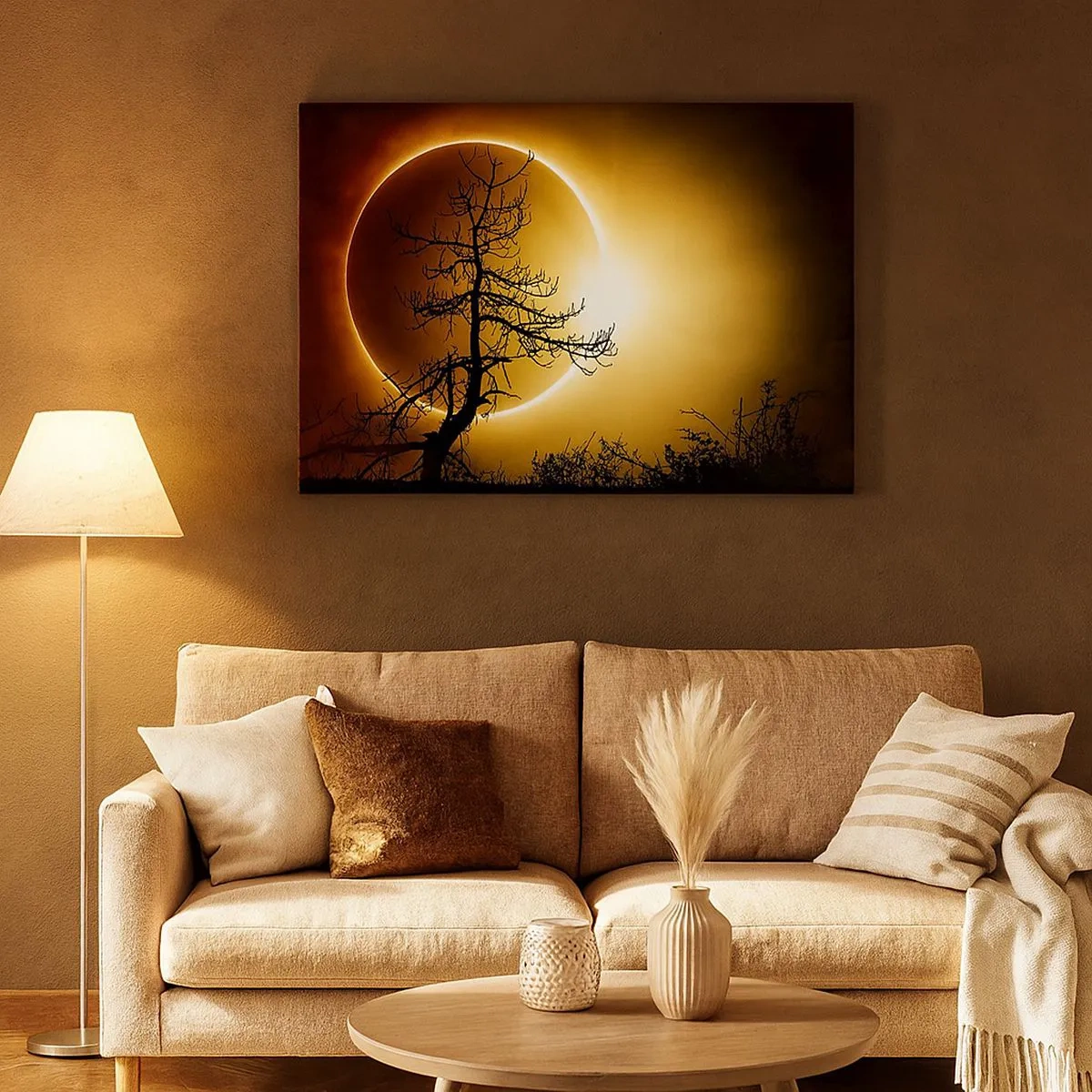 Impression sur toile - Image sur toile - Éclipse solaire avec une silhouette d'arbre au premier plan - 70x50cm - Éclipse totale - Décoration murale moderne pour le salon et la chambre ARTTOR