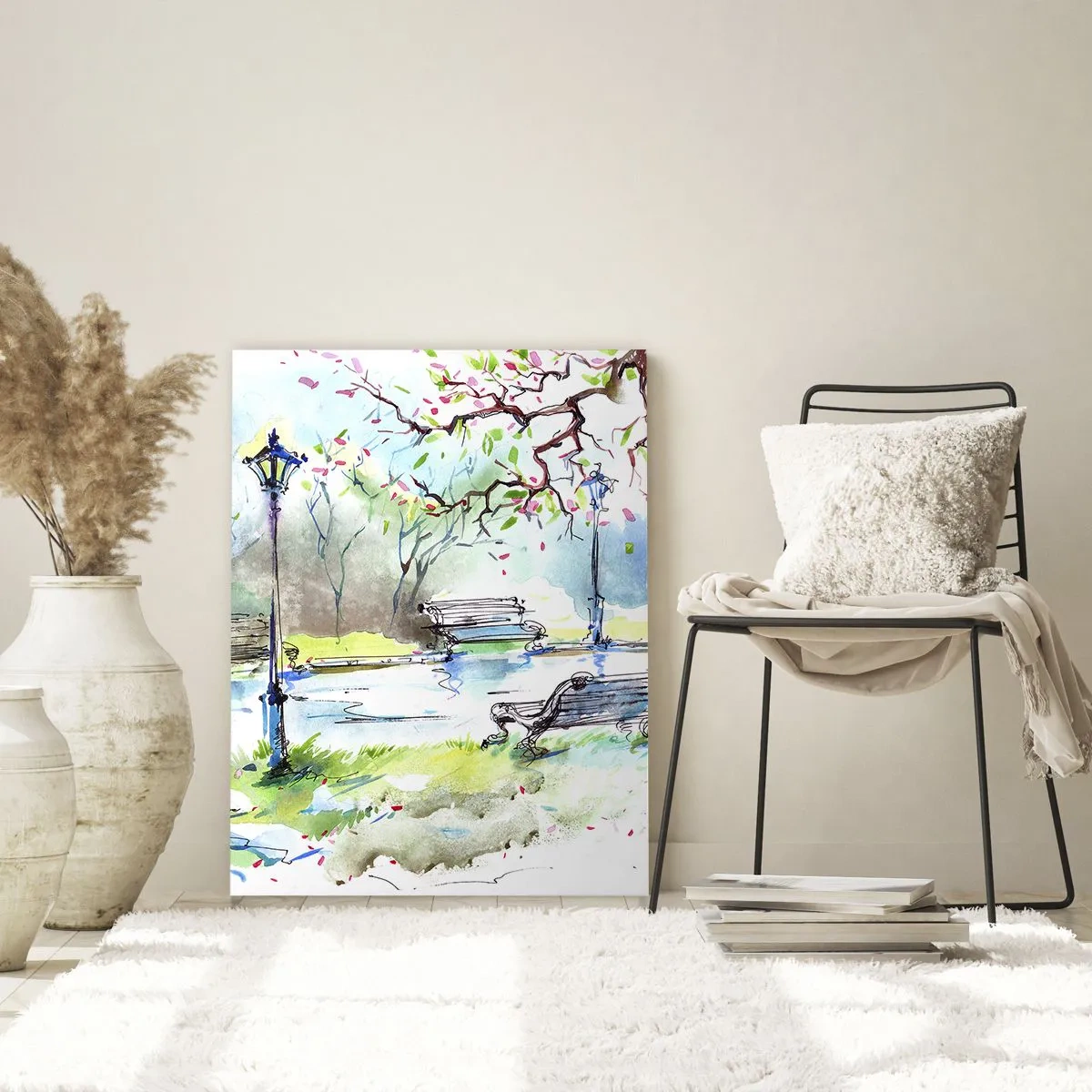 Impression sur verre - Image sur verre - Aquarelle représentant une scène de parc avec des bancs et des lanternes - 50x70cm - Le charme du silence d'un parc - Décoration murale moderne pour le salon et la chambre ARTTOR
