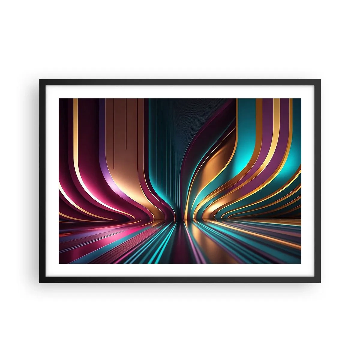 Affiche dans un cadre noir - Poster - Abstraction futuriste aux couleurs et courbes intenses - 70x50cm - Architektura światła - Décoration murale moderne pour le salon et la chambre ARTTOR