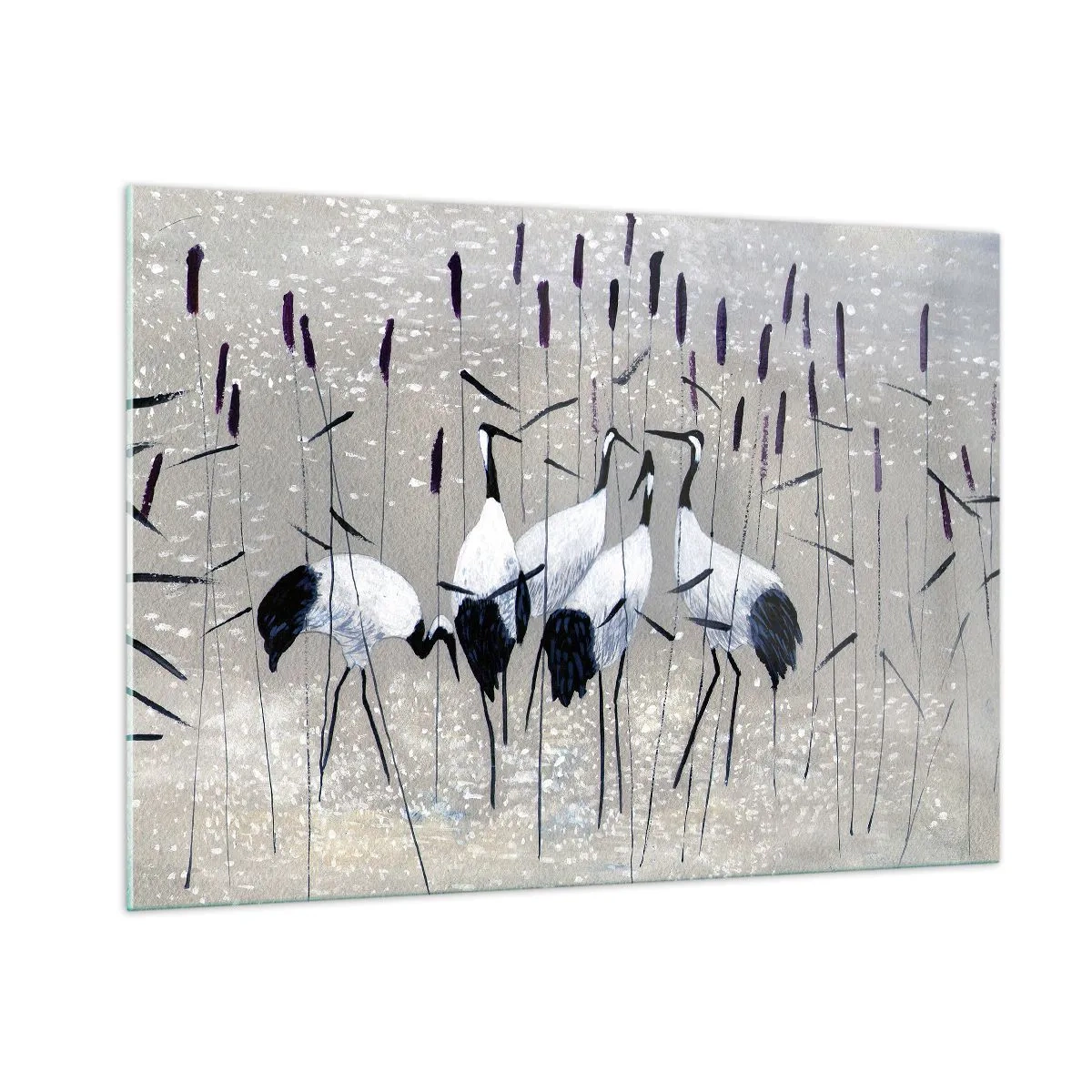 Impression sur verre - Image sur verre - Quatre grues parmi les roseaux au bord du lac - 100x70cm - Parmi les siens - Décoration murale moderne pour le salon et la chambre ARTTOR