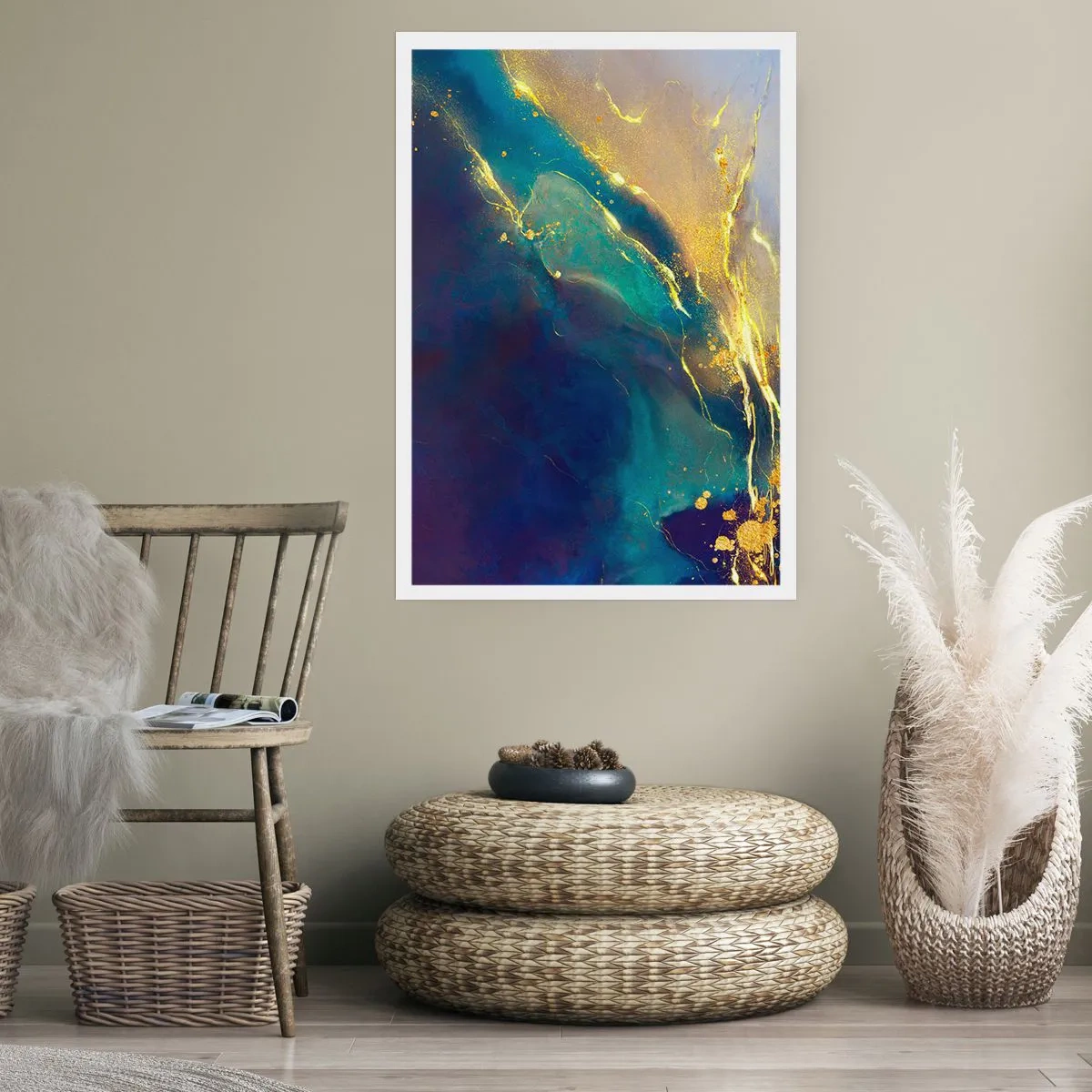 Affiche - Poster - Une composition abstraite dans les tons bleu marine et or - 50x70cm - Coulée d'or - Décoration murale moderne pour le salon et la chambre ARTTOR