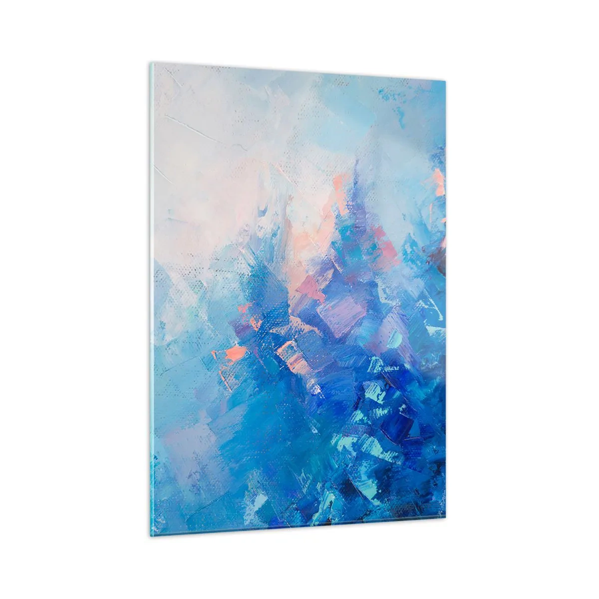 Impression sur verre - Image sur verre - Paysage d'hiver abstrait avec des bleus froids et des teintes roses douces - 50x70cm - Abstraction hivernale - Décoration murale moderne pour le salon et la chambre ARTTOR
