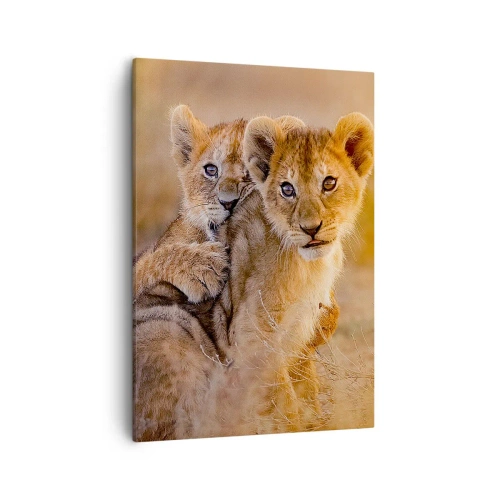 Impression sur toile - Image sur toile - Adorables lionceaux dans leur environnement naturel - 50x70cm - Ne pas déranger! On s'amuse - Décoration murale moderne pour le salon et la chambre ARTTOR